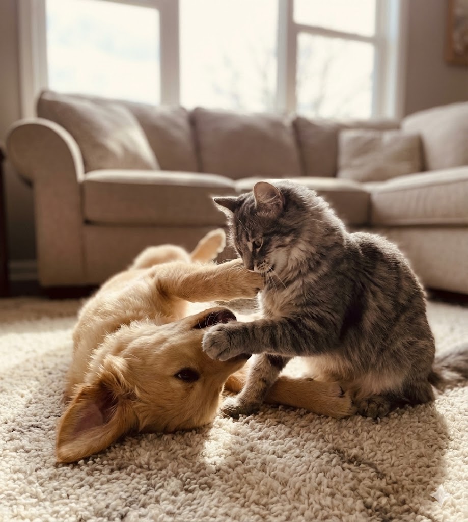 Perro y gato jugando juntos